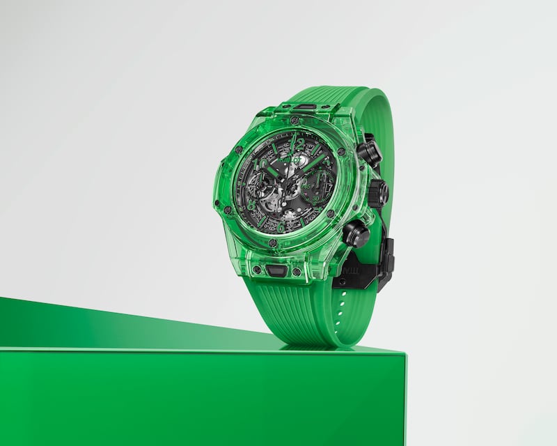 Hublot animates its best-selling Big Bang watch with material innovations like translucent sapphire alloy.
