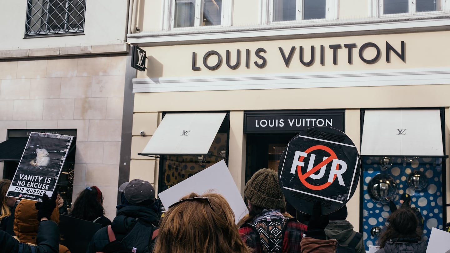 Anti-fur advocates protest in front of Louis Vuitton store.