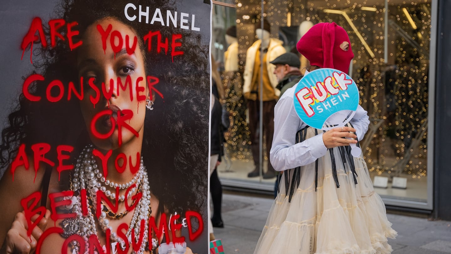 An anti-fast fashion protest held in Spain in 2023.