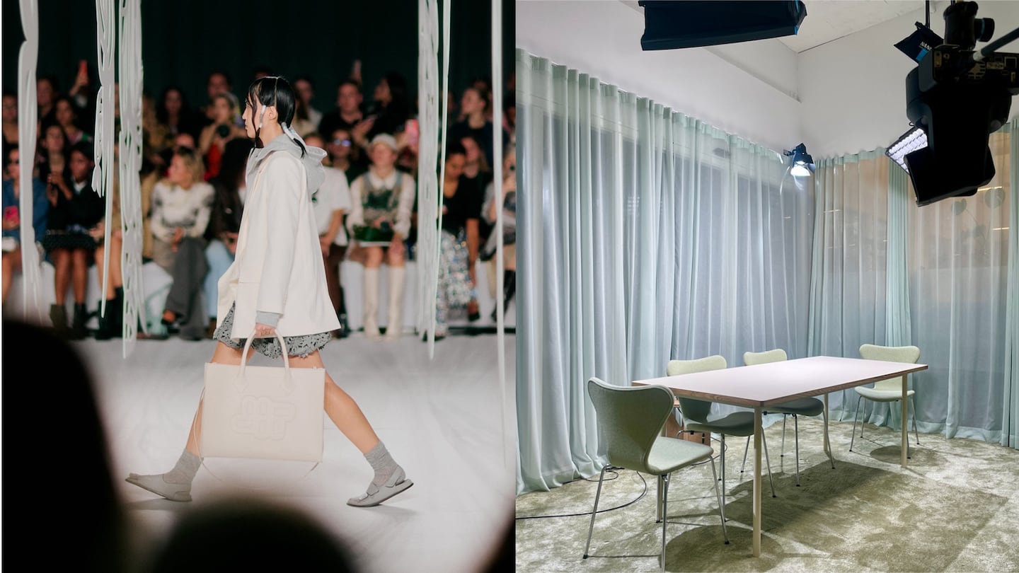 A model walks down a catwalk on the left of the image, while an empty podcast studio with turquoise curtains and four turquoise chairs around a table is on the right of the image.