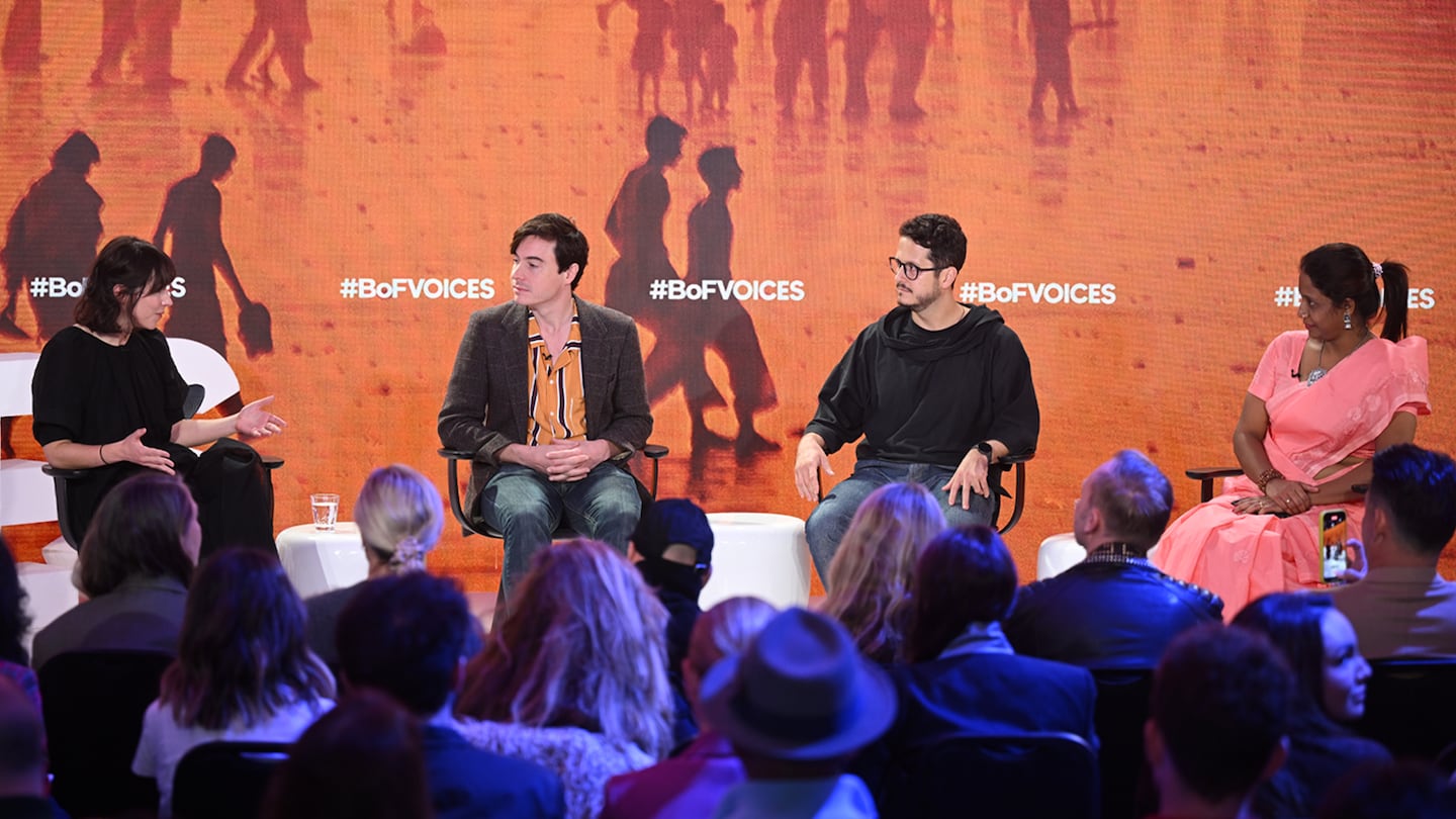 Beto Bina, Abiramy Sivalogananthan,  Laurie Parsons with Sarah Kent speak at BoF VOICES 2024 at Soho Farmhouse.