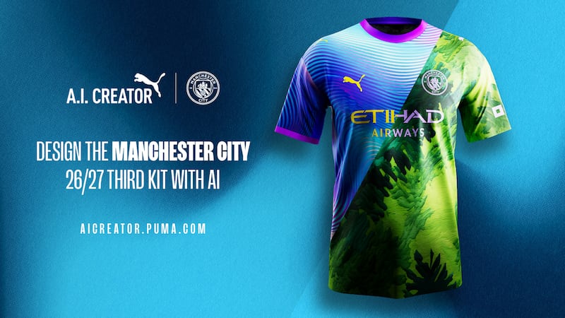 A Manchester City jersey made of two AI-generated halves stands against a blue background.