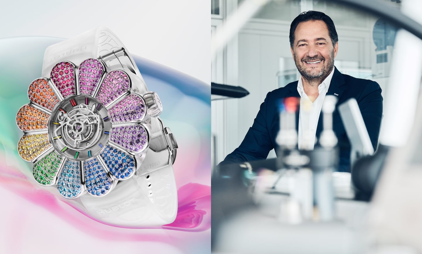 Hublot is collaborating with artists including Takashi Murakami as it seeks to accelerate efforts to diversify its marketing beyond football under a new CEO, Julien Tornare (right).