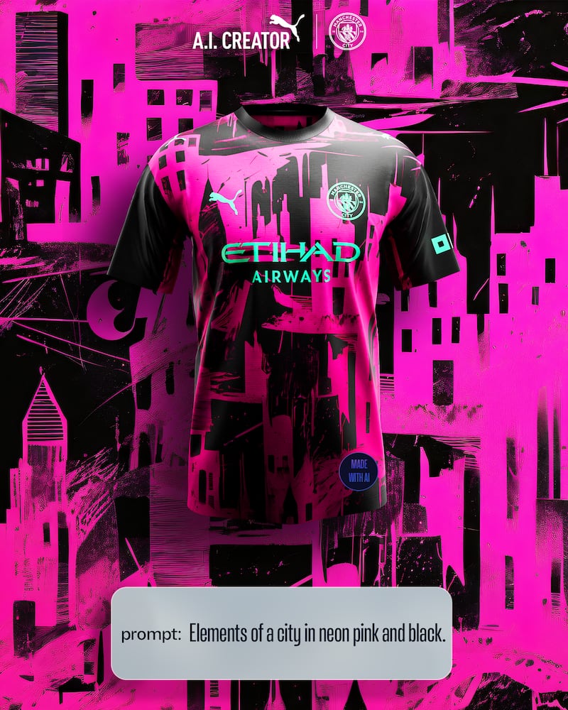 An AI-generated Manchester City kit with an abstracted print resembling a cityscape in neon pink and black.