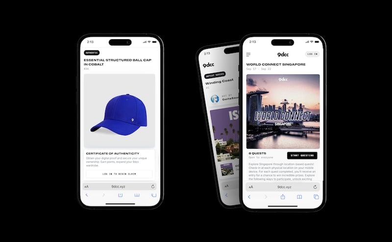 iPhones display shots from 9dcc's platform, including a certificate of authenticity for a blue cap and another promoting an event in Singapore.