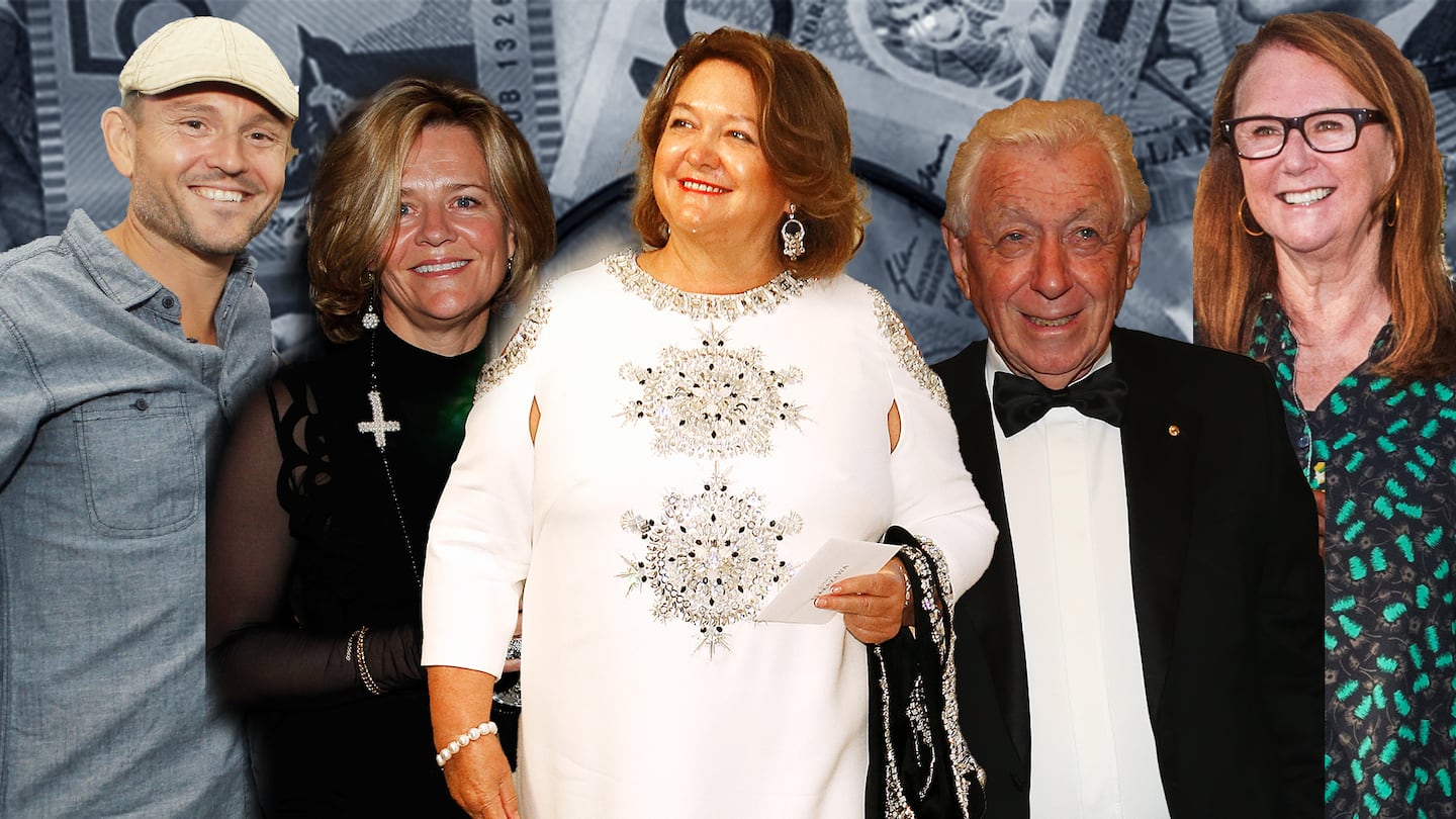 Several Australians have made their billion-dollar fortunes directly or indirectly from the fashion business including (L to R) Cotton On’s Nigel Austin, Tattarang’s Nicola Forrest, mining magnate Gina Rinehart, property mogul Frank Lowy and womenswear retailer Naomi Milgrom.