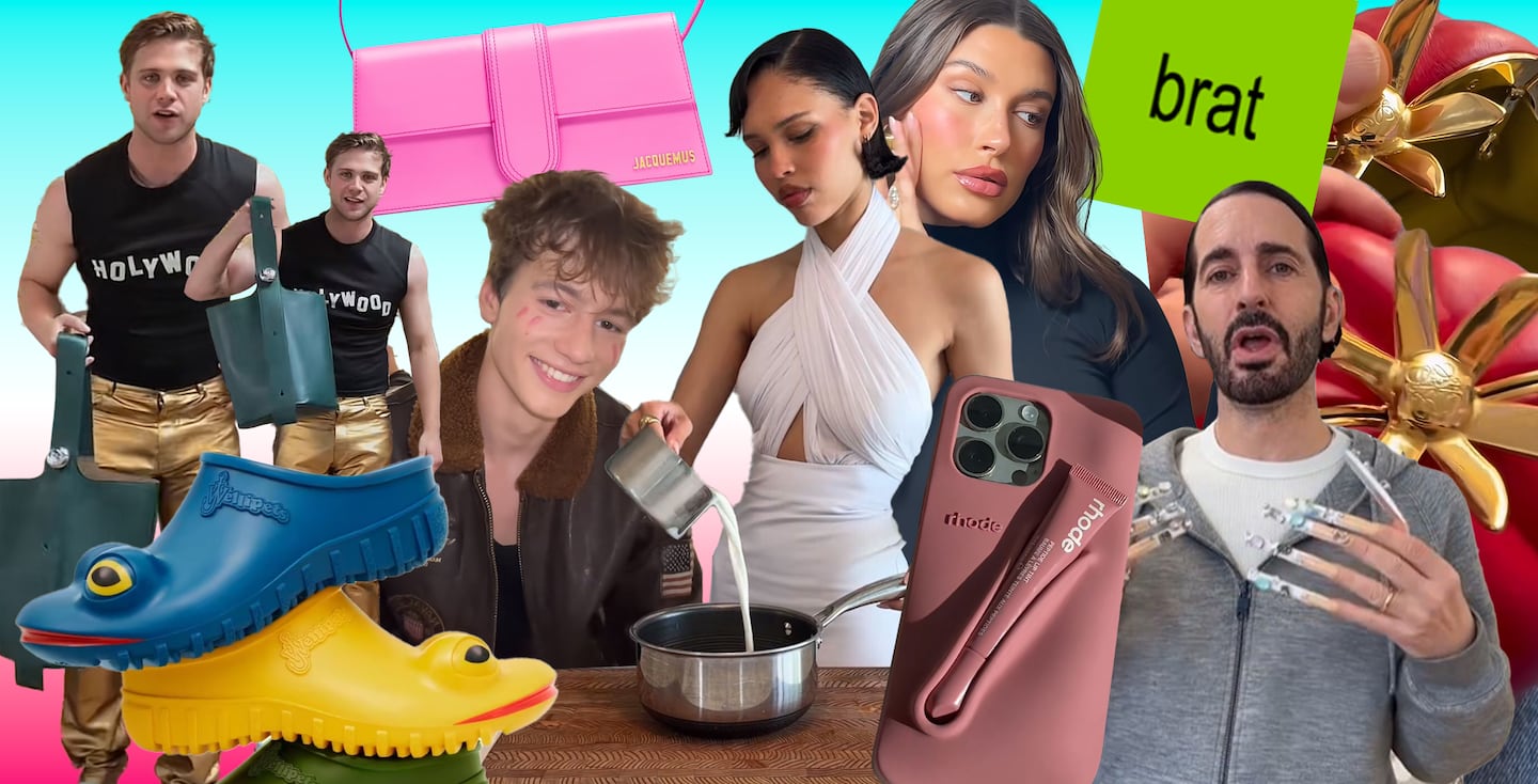 A collage of trending TikTok creators, products and content, from Nara Smith's cooking videos to Leo Woodall's Loewe SS25 pre-collection campaign.
