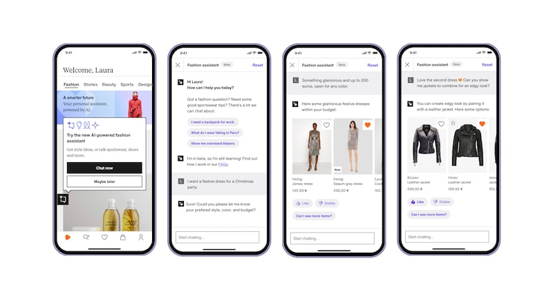 Four iPhone screens show different interactions with Zalando's AI assistant.